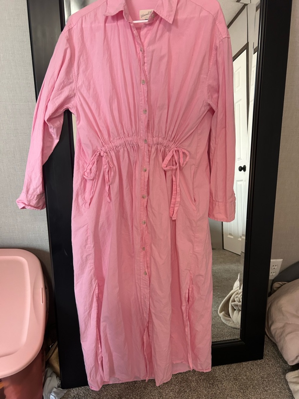 Universal Thread Pink Long-Sleeve Button-Front Drawstring Waist Dress